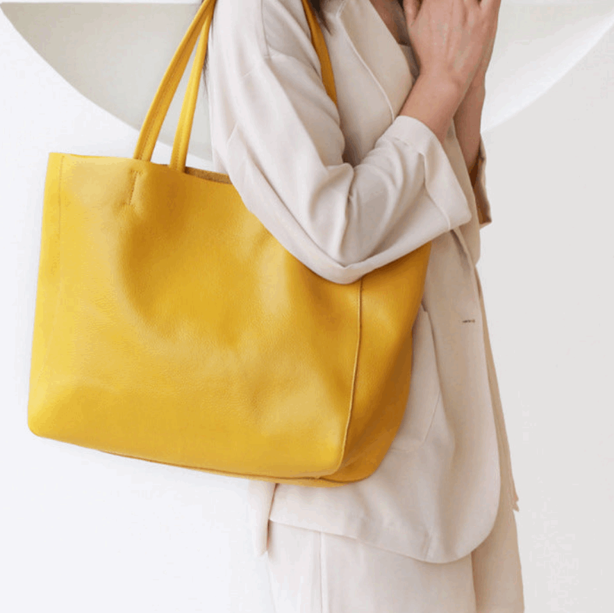 Trendy Genuine Leather Tote Handbag in Sunny Yellow