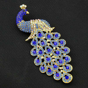 Large Sapphire Crystal Rhinestone Peacock Brooch for a Scarf or Pashmina - BELLADONNA