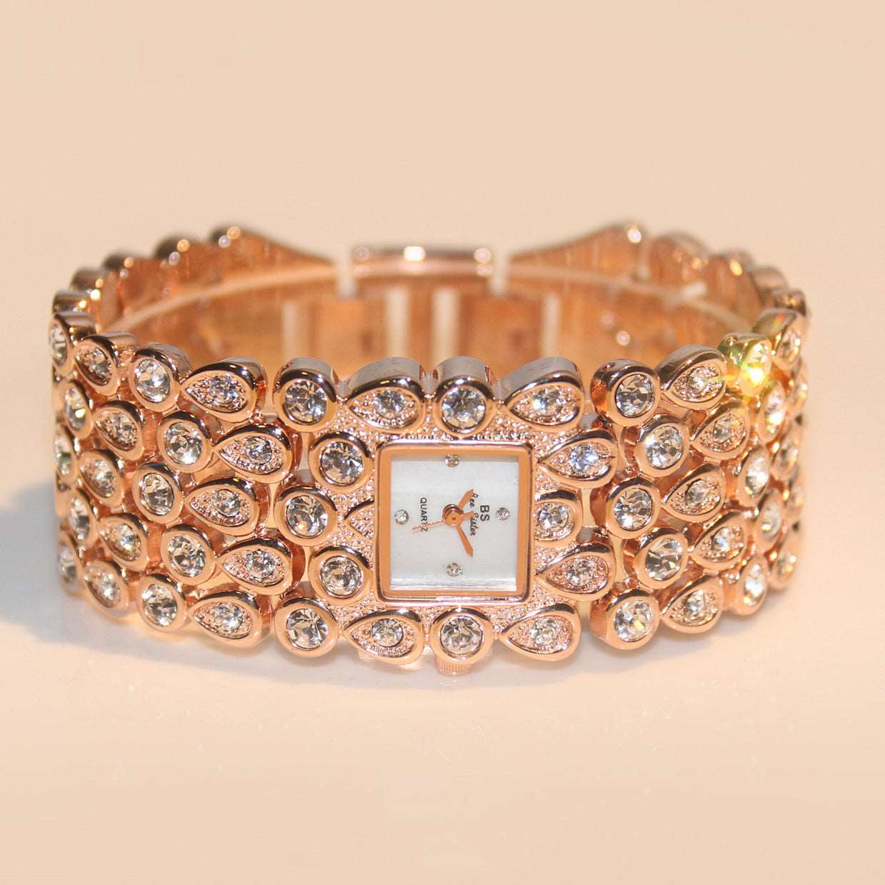 Ladies Inlaid White Zirconias Quartz Watch Bracelet in Silver Gold and Rose Gold