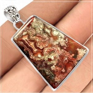 Natural Mexican Laguna Lace Agate Gemstone set in Solid .925 Sterling Silver Pendant