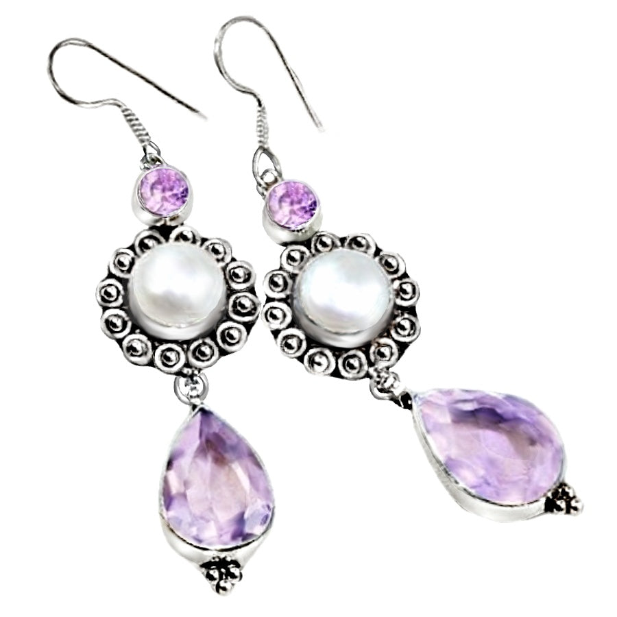 Faceted Pastel Pink Topaz, River Pearl Gemstone .925 Silver Earrings