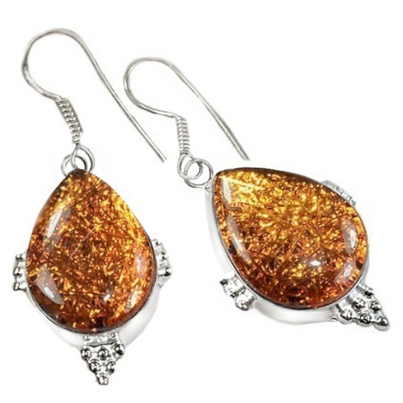 Handmade Copper Tone Tourmalinated Strands Dichroic Glass  .925 Sterling Silver Earrings