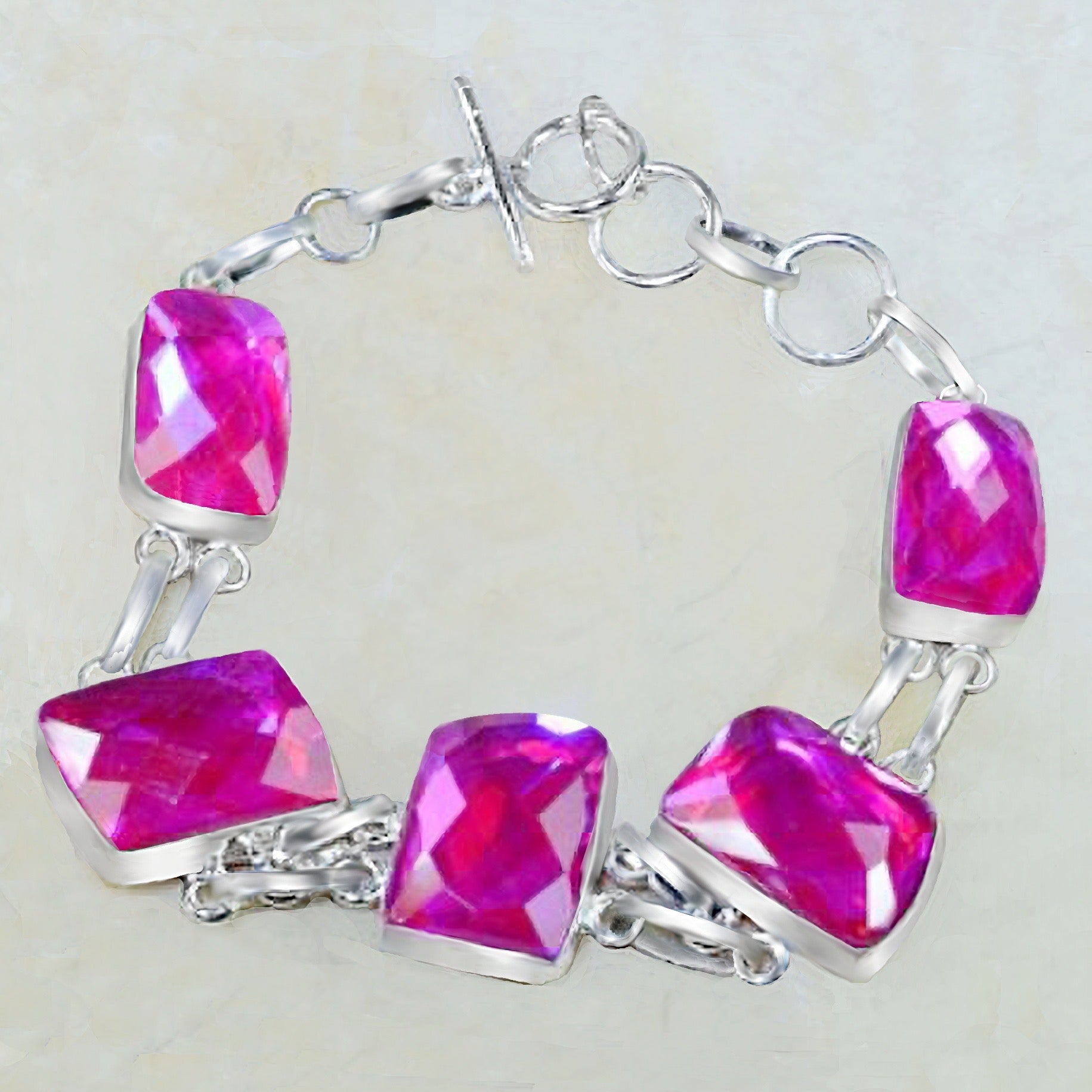 Handmade Pink Mystic Fire Topaz Gemstone .925 Sterling Silver Bracelet