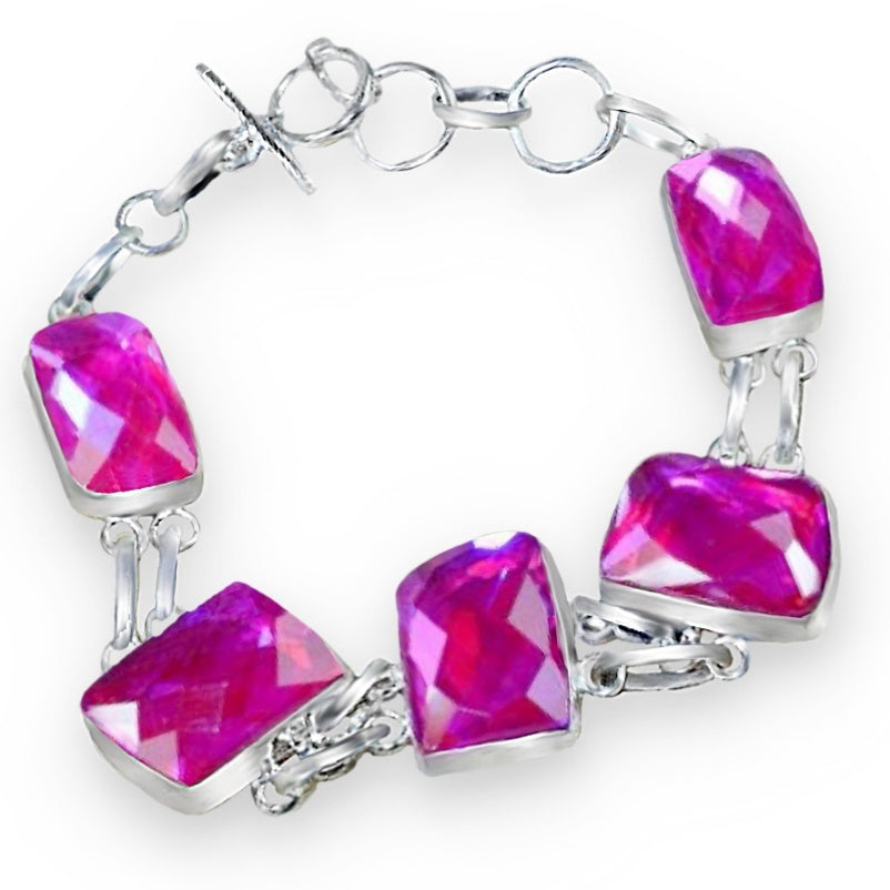 Handmade Pink Mystic Fire Topaz Gemstone .925 Sterling Silver Bracelet