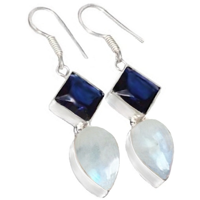 Elegant Natural Round Rainbow Moonstone, Sapphire Quartz Gemstone .925 Silver Earrings