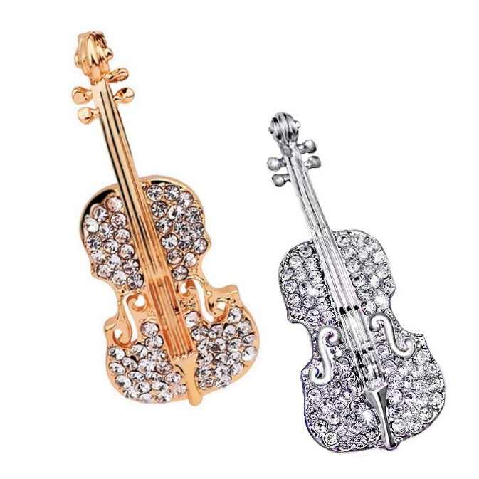 Exquisite Mini Violin with White Cubic Zirconias Brooch in Silver or Gold - BELLADONNA