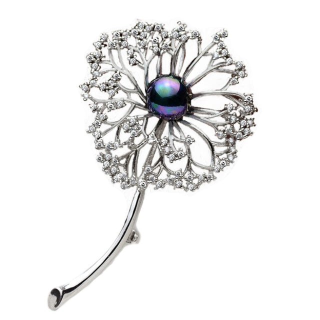 White Cubic Zirconia and Pearl Dandelion Brooch in Silver For Jacket, Scarf or Shawl - BELLADONNA