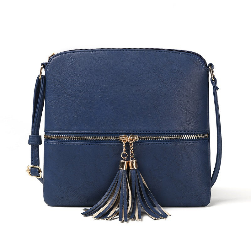 Fashionable Double Fringe Front Zipper Pocket Diagonal Shoulder Bag in 8 Assorted Colours - BELLADONNA