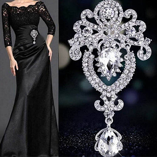 Elegant Antique Style Crystal Crown Drop Dangle Brooch - BELLADONNA