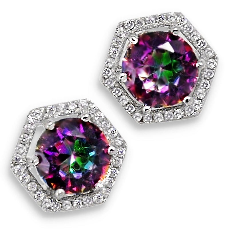 Natural Rainbow Mystic Topaz, White Topaz Stud Earrings In Solid .925 Sterling Silver