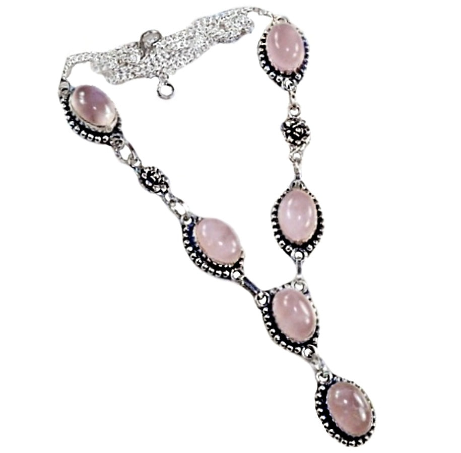 Rose Accent Feminine Pink Rose Quartz Necklace .925 Sterling Silver