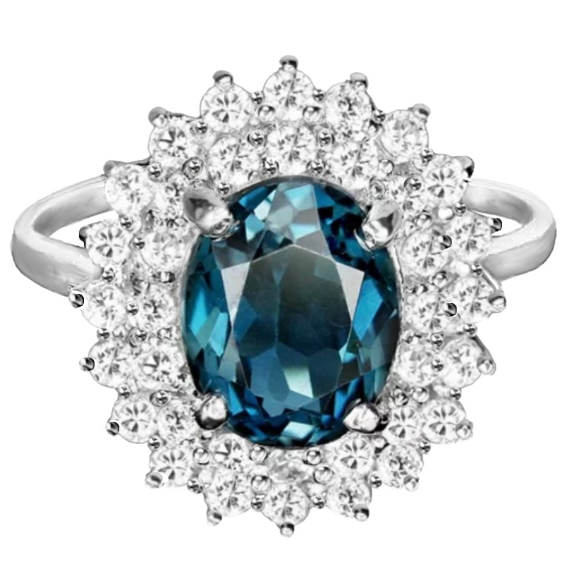 Deluxe 9 x 7 mm Natural London Blue Topaz White Cz Solid .925 Sterling Silver Size US 6.5 or N