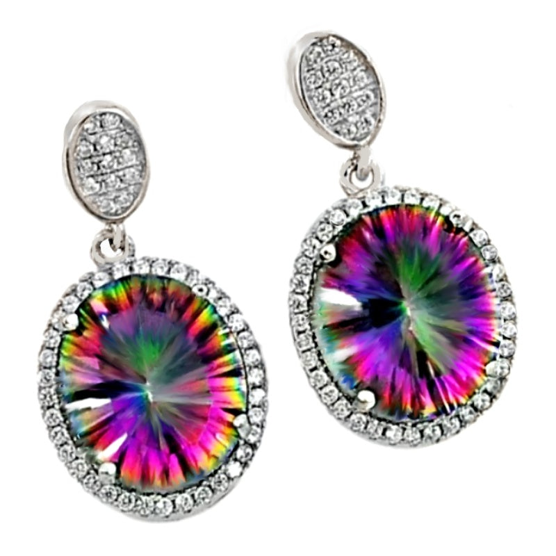 13.71 Cts Rainbow Mystic Topaz, White Topaz Studs In Solid .925 Sterling Silver