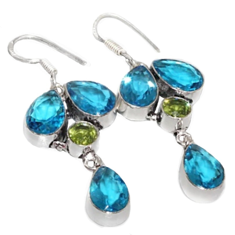 Paris Blue Topaz, Peridot Gemstone .925 Sterling Silver Earrings