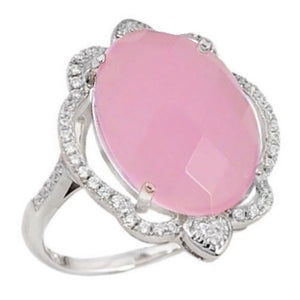 Turkey - Istanbul 13.98 cts Faceted Pink Chalcedony, White Topaz Solid.925 Sterling Silver Ring Size 8