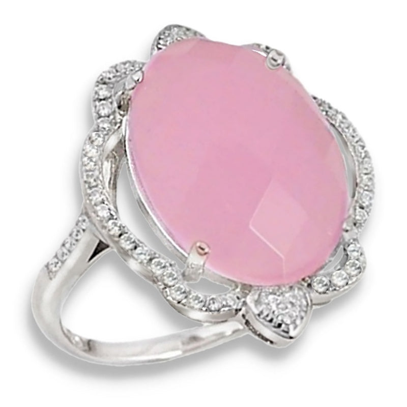 Turkey - Istanbul 13.98 cts Faceted Pink Chalcedony, White Topaz Solid.925 Sterling Silver Ring Size 8