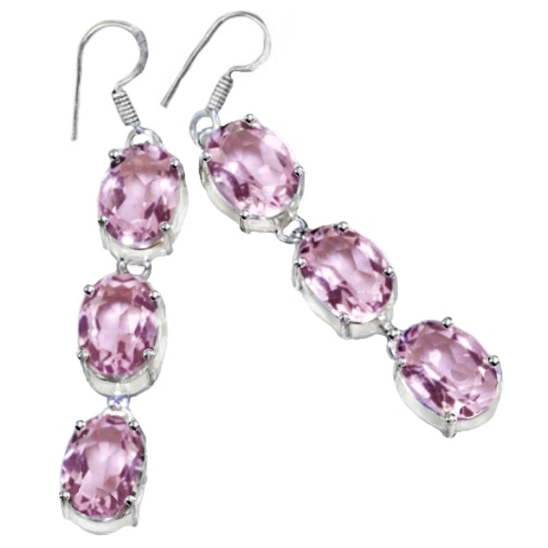 Handmade Pink Topaz Oval Gemstones .925 Silver Long Drop Dangle Earrings