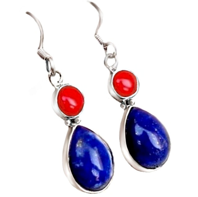 Red Coral & Lapis Lazuli Solid .925 Sterling Silver Earrings