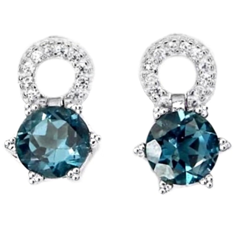 Dainty Natural London Blue Topaz and AAA White Cubic Zirconia Gemstone Solid .925 Sterling Silver Stud Earrings