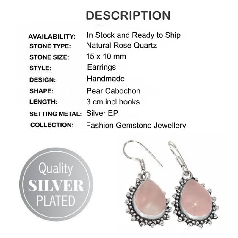 Natural Pink Rose Quartz Gemstone Silver Earrings