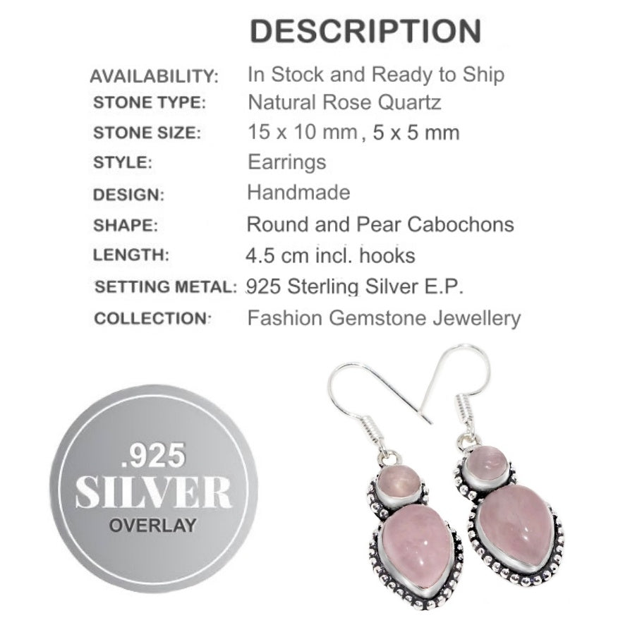 Natural Pink Rose Quartz Gemstone Antique Style .925 Silver Earrings