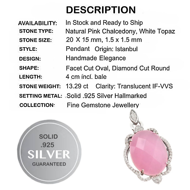 13.29 ct Pink Chalcedony, White Topaz Pendant Solid.925 Sterling Silver