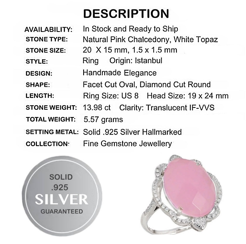 Turkey - Istanbul 13.98 cts Faceted Pink Chalcedony, White Topaz Solid.925 Sterling Silver Ring Size 8