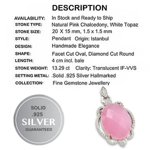 13.29 ct Pink Chalcedony, White Topaz Pendant Solid.925 Sterling Silver