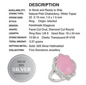 Turkey - Istanbul 13.98 cts Faceted Pink Chalcedony, White Topaz Solid.925 Sterling Silver Ring Size 8