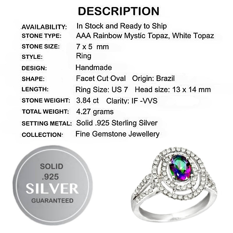 4.17 Cts Rainbow Topaz, White Topaz Ring In Solid .925 Sterling Silver Size 7