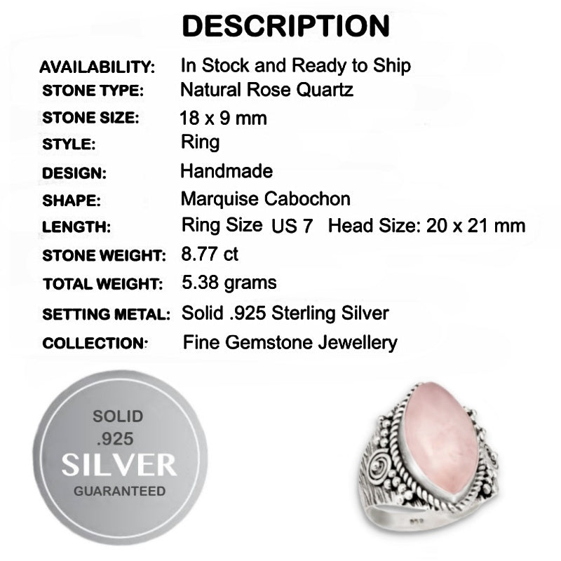 8.77 Cts Rose Quartz Gemstone Solid.925 Sterling Silver Ring Size US 7