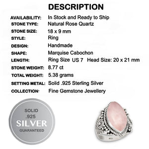 8.77 Cts Rose Quartz Gemstone Solid.925 Sterling Silver Ring Size US 7