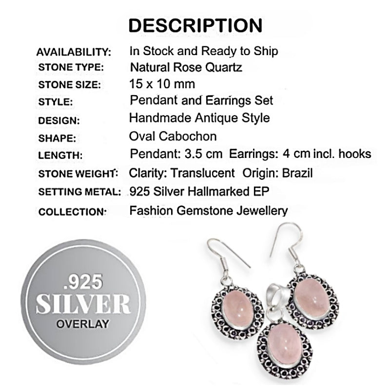 Natural Pink Rose Quartz Oval .925 Sterling Silver Pendant and Earrings Set