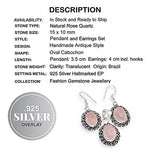 Natural Pink Rose Quartz Oval .925 Sterling Silver Pendant and Earrings Set