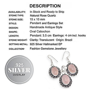 Natural Pink Rose Quartz Oval .925 Sterling Silver Pendant and Earrings Set