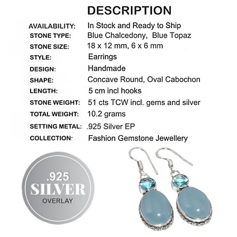 Aqua Blue Chalcedony Oval , Blue Topaz Gemstone,.925 Sterling Silver Earrings