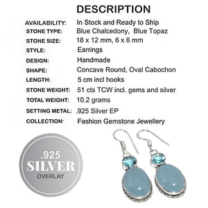 Aqua Blue Chalcedony Oval , Blue Topaz Gemstone,.925 Sterling Silver Earrings