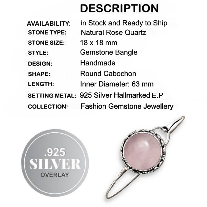 Natural Rose Quartz Gemstone .925 Silver Bangle