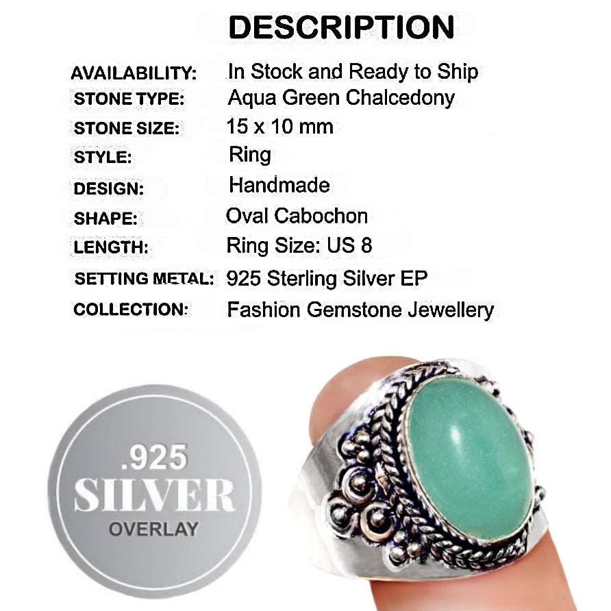 Soft Green Chalcedony Gemstone .925 Silver Ring US 8