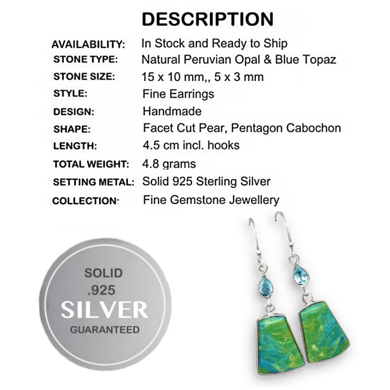 Extremely Rare Natural Peruvian Blue Opal, Blue Topaz Gemstone Solid .925 Sterling Silver Earrings