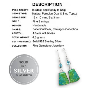 Extremely Rare Natural Peruvian Blue Opal, Blue Topaz Gemstone Solid .925 Sterling Silver Earrings