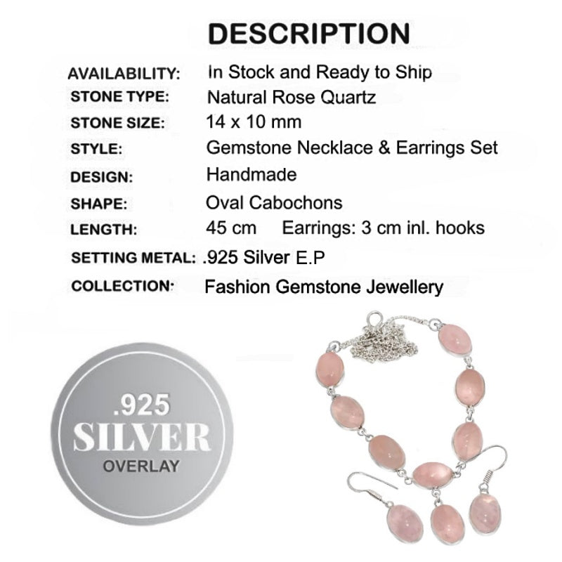 Natural Rose Quartz .925 Sterling Silver Necklace and Earrings Set