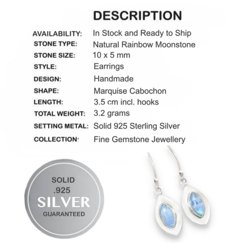 Natural Rainbow Moonstone Round Gemstone Solid .925 Sterling Silver Earrings