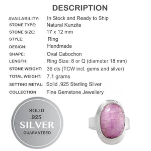 Natural Pink Oval Shape Kunzite Gemstone Solid .925 Silver Ring Size 8 or Q