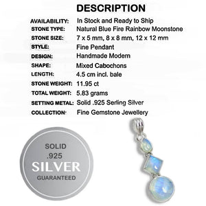 Eye-Catching Natural Rainbow Moonstone Multi Shapes Gemstone Solid .925 Sterling Silver Pendant