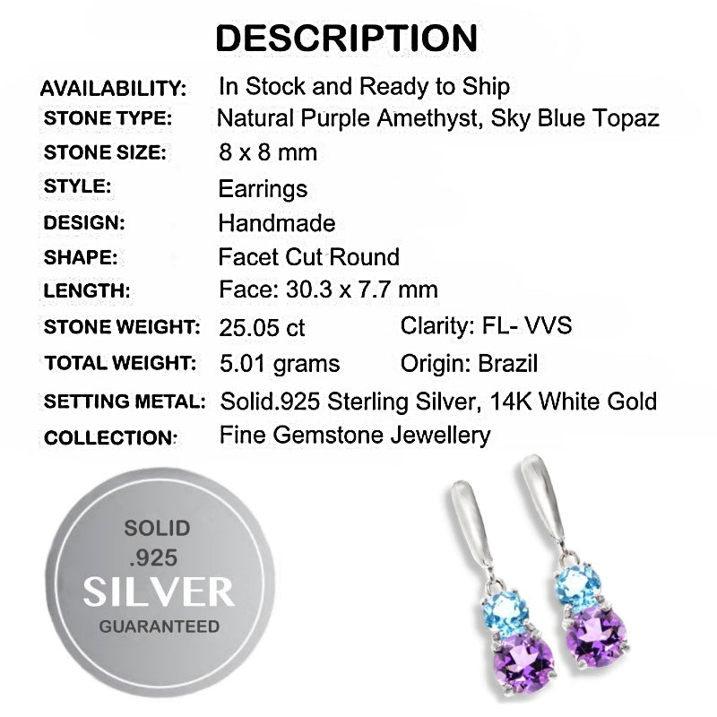 25.05 cts Authentic Purple Amethyst, Blue Topaz In Solid .925 Sterling Silver - February Birthstone