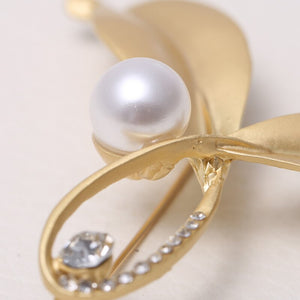 Modern Twig Leaf And Pearl Design with White Cubic Zirconia Brooch Pin in Gold or Silver - BELLADONNA