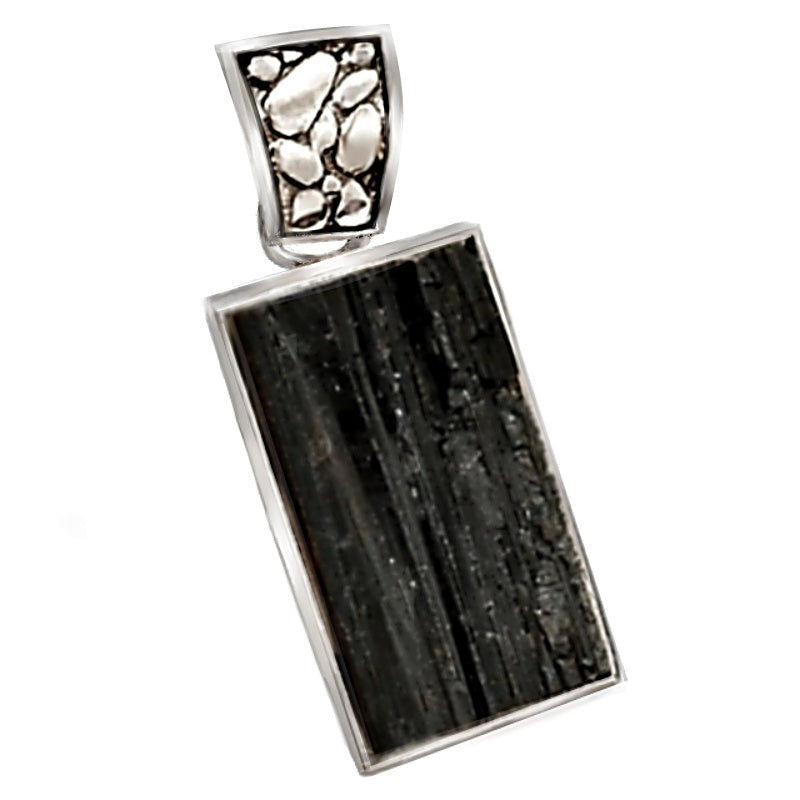 Natural Black Tourmaline Rough Gemstone Solid .925 Sterling Silver Pendant