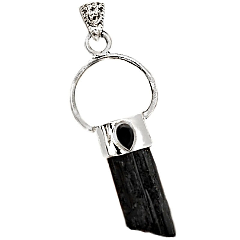 Natural Black Tourmaline Rough Gemstone Solid .925 Sterling Silver Pendant