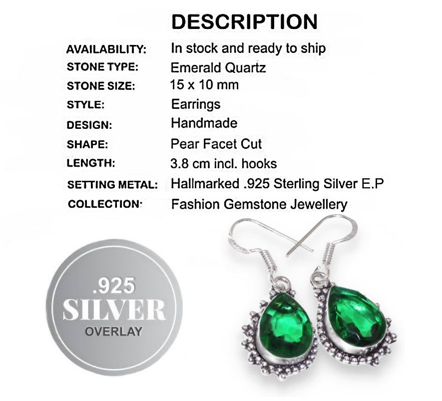 Handmade Faceted Emerald Quartz Pears Gemstone .925 Silver Earrings